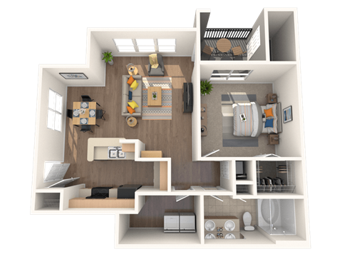 A 3D floor plan of a house showing a kitchen, living room, dining area, and bathroom.